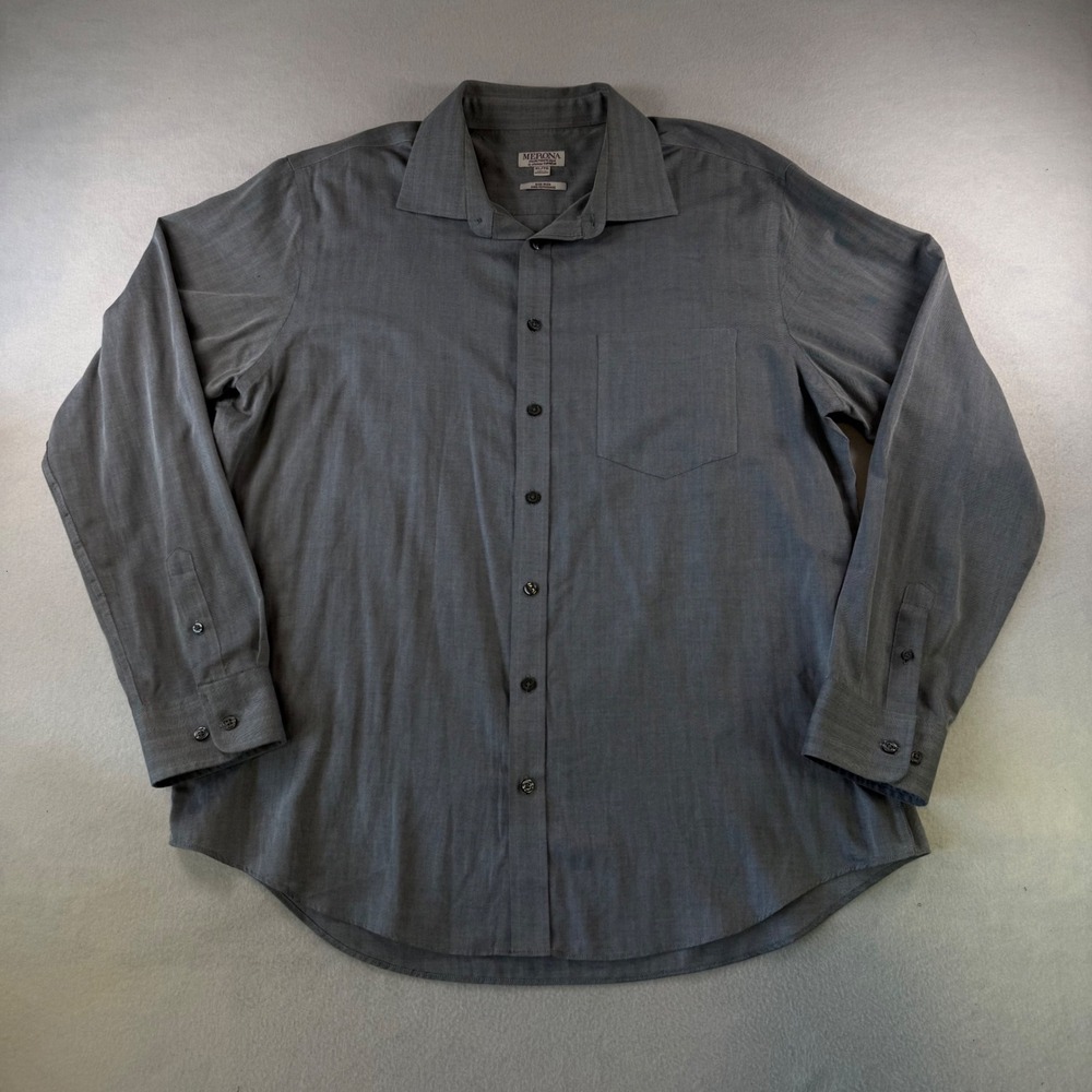 Merona Ultimate Shirt Mens XL Grey Herringbone Long Sleeve Non-Iron Button Down
